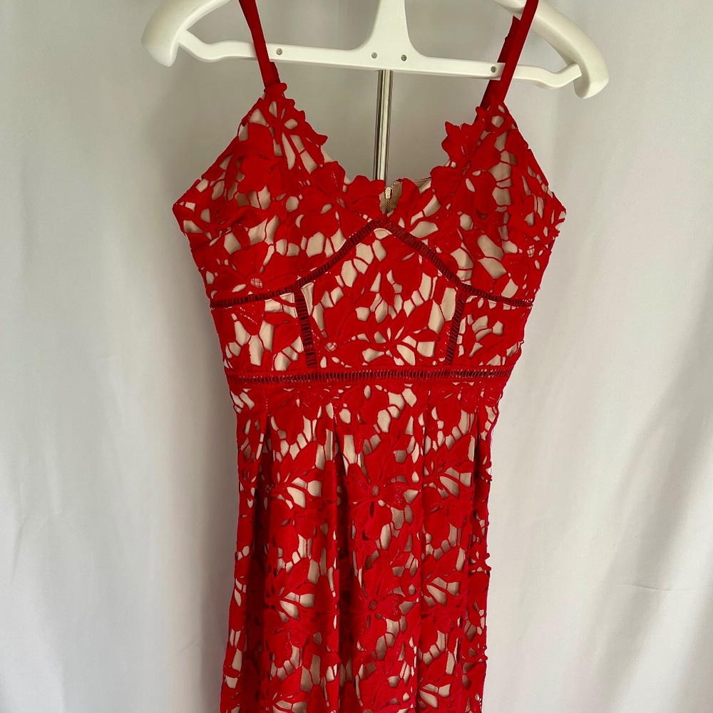 Red Lace Overlay midi dress
